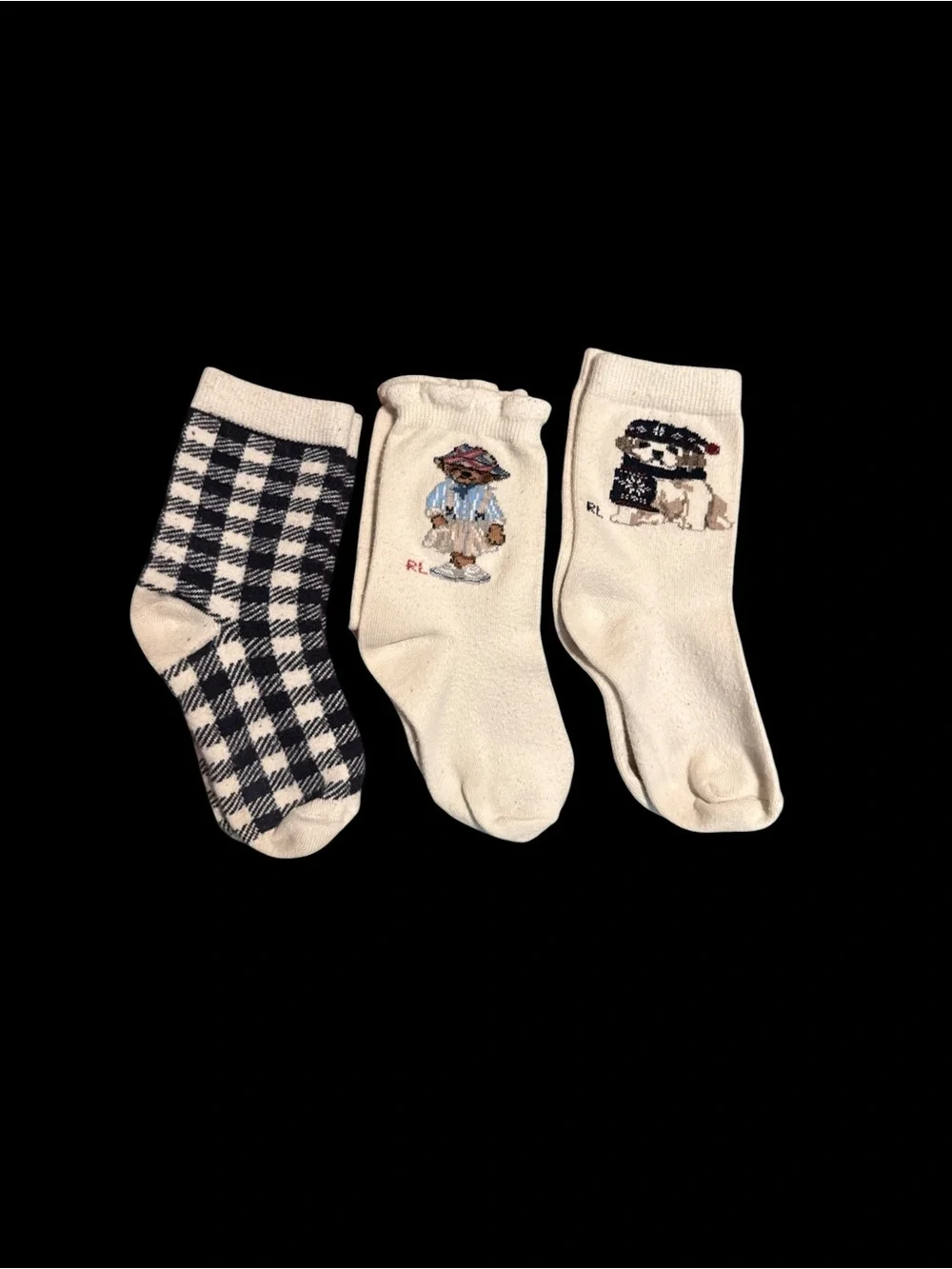Polo Ralph Lauren Socks Set of 3 Pairs – Size 4-6 (Polo Bear, Dog, Gingham)